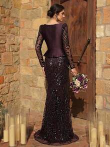 Serin Elegant Luxurious Beaded, Sequin & Embroidered Mesh Sleeve Mermaid Dress, Suitable For Weddings, Parties, Vacations, Galas, Holidays, Bride & Mother Of The Bride Evening Gowns - Coffee Brown - View 3