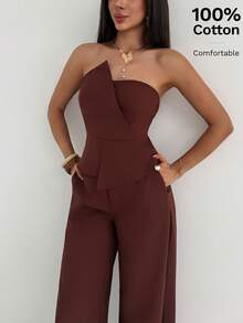 Aloruh Bộ đồ thể thao tối giản màu nâu gồm áo crop top không tay phối nhiều mảnh và quần dài ống rộng, thích hợp cho mùa xuân/hè. - màu nâu - Xem 5