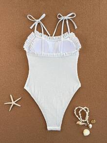 Swim Chiccia 黑色褶皱面料吊带荷叶边优雅女士连体泳衣 - 白色 - 查看 6