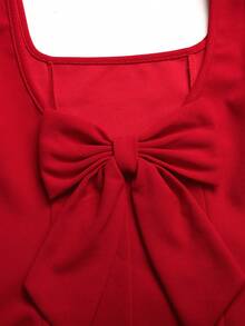 SHEIN Girls' Elegant Square Neck Sleeveless Fitted Bowknot Decor Patchwork A-Line Knit Solid Dress, Red,Kids - Red - View 4