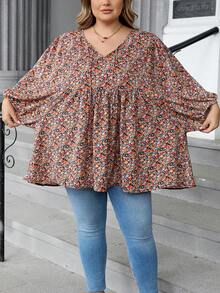 SHEIN CURVE+ Áo thun tay dài cổ tròn in họa tiết hoa nhỏ xinh xắn dành cho nữ cỡ lớn/2026/Năm mới - Nhiều màu - Xem 4