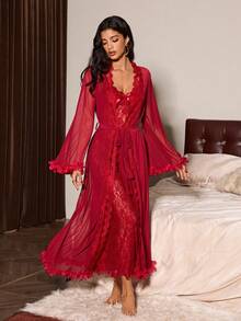 Slumberist Women's Mature Sexy Lingerie Set, Super Long Mesh Robe And Lace Backless Slip Dress 2 Pieces Set Sexy 2piece Nightgown Lingerie Set With Robe Red Night Gown Long Lingerie Dress Spaghetti Strap Lace Night Gown - Burgundy - View 6