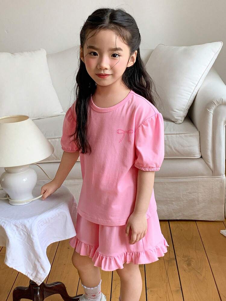 Young Girl Round Neck Bow Print Short Sleeve T-Shirt And Ruffle Hem Shorts Casual Daily Outfit Summer
