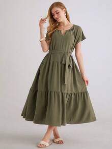 Parysyn 大码梭织休闲优雅夏季度假连衣裙 - 軍綠色 - 查看 5