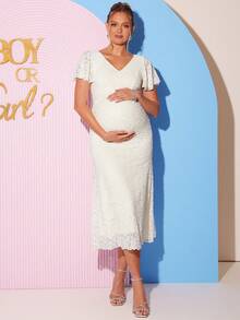 Loomaby 优雅孕妇派对礼服，提花荷叶袖，收腰设计，夏季 - 卡其色 - 查看 9