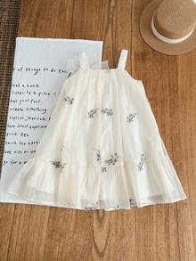 SHEIN Young Girl Solid Color Patchwork Embroidered Mesh Strap Dress Dresses For Girls Kids Dresses With Butterfly Young Girl Dresses Butterfly Dress For Girls Coquette Dress For Kids - Beige - View 2