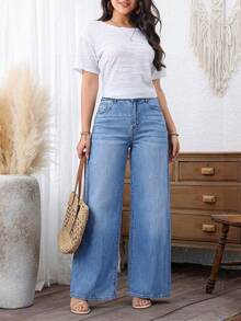 EMERY ROSE Plus Size Women Casual Washed Slant Pocket Loose Wide Leg Jeans - Light Wash - View 4