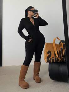 SHEIN Tall CURVE 加大码高个女式黑色连体裤，长袖，前拉链，收腰，修身剪裁，适合高个身材，加大码裤子 - 黑色 - 查看 6