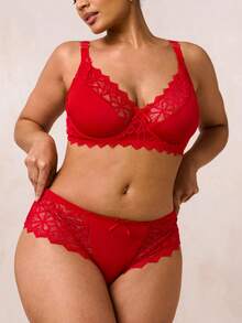 SHEIN BAE 2pcs Plus Size Lace Patchwork Underwire Bra & Panty Set, Lift - Red - View 1