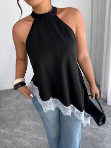 Elenzga Áo sơ mi satin đen cỡ lớn - Cổ yếm, không tay, vạt áo bất đối xứng và phối ren, thanh lịch cho công sở, thích hợp mặc mùa xuân và hè. - màu đen - Xem 5