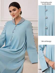 Al Najma 女士休闲简约撞色阿拉伯长袍 - 藍色 - 查看 1