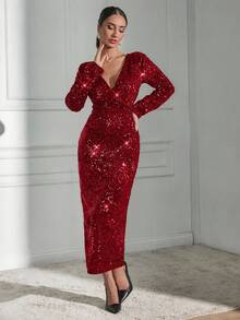 EURMUSE 女士纯色交叉V领长袖亮片修身优雅连衣裙 - 紅色 - 查看 7