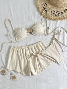 Swim Vcay Conjunto de bikini de 3 piezas para mujer con traje de baño de pantalón corto con cordón de corte alto, decoración de concha dorada y tirantes de espagueti, para primavera/verano 2026 - Albaricoque - Ver 1