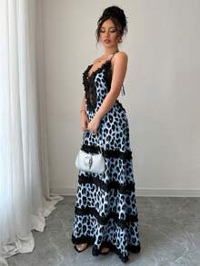 xheBreezaya Vestido de playa negro con estampado de leopardo y encaje en la espalda descubiertaxhe - Azul - Ver 6