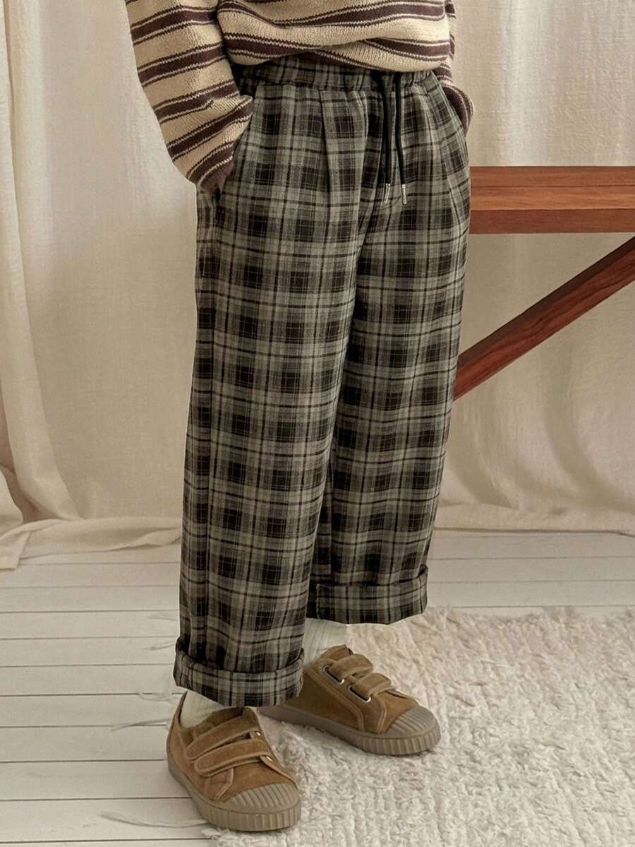DAZY Pantalones casuales con cordón y estampado de cuadros para niños pequeños - Marrón - Ver 1