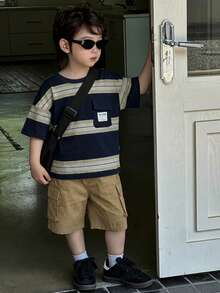 DAZY 男童条纹落肩短袖T恤套装 - 藏蓝色 - 查看 4