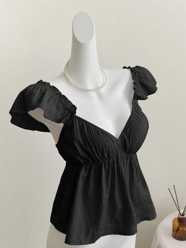 Elamini Blue Sweet Mori Girl Ruffle Trim Sexy Backless Low Neck Cropped Camisole Top