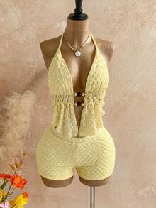 Soleia Bộ 2 món: Áo hai dây hở lưng đính hạt gỗ + Quần cạp thấp, phong cách Bohemian, Boho, lãng mạn, họa tiết hoa, thích hợp cho kỳ nghỉ, hẹn hò, ngày Valentine, lễ Phục sinh, lễ hội, tiệc trà chiều, đi biển, du thuyền, nghỉ mát thành phố. - Vàng nhạt - Xem 6