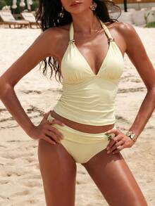 Bonvoyette Summer Vacation Cherry Print Spaghetti Strap Hollow Tie Waist Tankini Swimsuit 2 Pieces Set - Yellow - View 3