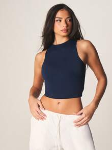 MISSGUIDED Double Layered Cropped Racerback Tank Top High Neck Sleeveless Fitted Casual Summer Women - Royal Blue - View 1