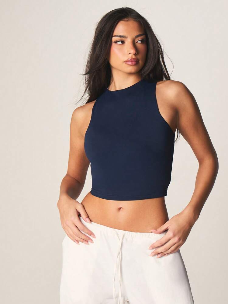 MISSGUIDED Double Layered Cropped Racerback Tank Top High Neck Sleeveless Fitted Casual Summer Women