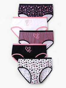 5 chiếc/gói Quần lót in hình trái tim cho bé gái, mềm mại, thoáng khí, thoải mái, thích hợp cho ngày Valentine, ngọt ngào và dễ thương, phối màu đen và hồng. - Nhiều màu - Xem 1