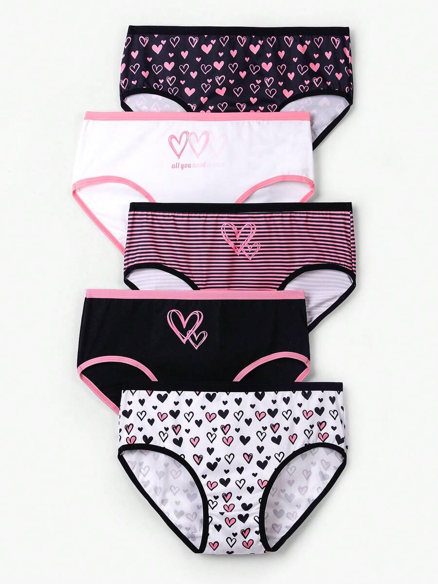5 chiếc/gói Quần lót in hình trái tim cho bé gái, mềm mại, thoáng khí, thoải mái, thích hợp cho ngày Valentine, ngọt ngào và dễ thương, phối màu đen và hồng. - Nhiều màu - Xem 1