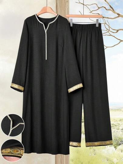 Rusticease Black Elegant Casual Long Women's 2 Pieces Set Black Two Pieces Set Women's Black Pants Set Black Sets For Women Summer Outfits Summer Outfits For Women Spring Outfit Elegant Vacation Outfits Women Casual Women Outfits Gold Lace Trim On Collar And Cuffs Long-Sleeved Top Set Modest Sets For Women