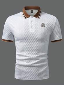 Manfinity Homme 男士紋理素色珠地針織 Polo 衫，學院風圖案 Polo 男士高爾夫球衫，正式款 - 白色 - 查看 3