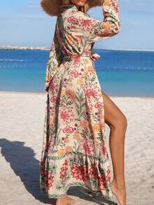 Swim Vcay Damen Blumen-Muster Langarm Loose Comfortable Sexy Elegant Urlaubs Minimalist Wickel Cover Up - Verschiedenfarbig - Übersicht 3