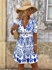 Breezaya Plus Size Women's Elegant V-Neck Blue And White Summer Boho Beach Holiday Short Sleeve Floral Print Dress,Waist Cinched Minimalist Vacation Style - Multicolor - View 3