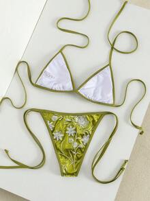 Swim Vcay Women's Beach Spring & Summer Music Festival Knit Jacquard Rustic Paillette Strapless Mature Elegant Fashion Bikini Set - Green - View 2