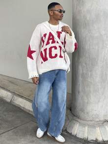 Ngobest Haus Ngobest Haus Distressed Hole Fringe Hem Casual Loose Unisex Knit Sweater With English Letter & Star Print, Round Neck, Drop Shoulder, Long Sleeve, Streetwear Style For Autumn/Winter - Apricot - View 6