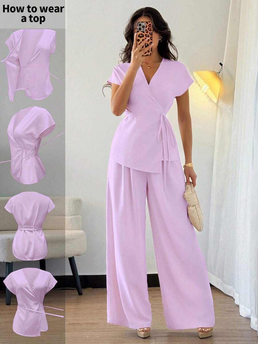 Elenzga Bộ đồ nữ thanh lịch gồm áo kiểu tay cánh dơi và quần ống rộng, màu mơ dệt, thích hợp cho các buổi đi chơi mùa hè, hẹn hò, du lịch. - Màu tím - Xem 1