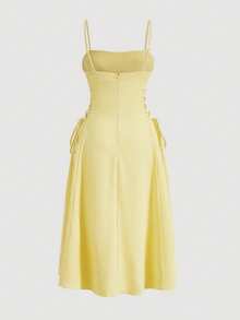 SHEIN MOD 大码荷叶边上衣和侧系带吊带连衣裙 - 黃色 - 查看 5