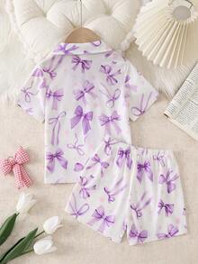 Young Girl' Pink Bow Print Collar Cardigan Short Sleeve Shorts Set,  Loungewear Girls Pajama Short Sets - Mauve Purple - View 2