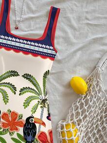 Soleia Đầm ngắn kiểu dáng nghỉ dưỡng thường ngày, phong cách nghỉ dưỡng Brazil, họa tiết rừng nhiệt đới, chim toucan và cây cọ, họa tiết hình học, viền hoa, phối màu tương phản, cổ chữ U, hở lưng, thích hợp cho mùa hè. - Nhiều màu - Xem 5