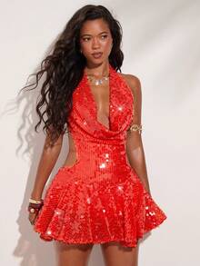 SHEIN BAE 橙色亮片镂空迷你连衣裙（内置短裤），适合夏季穿着，沙滩装，法国南部、巴厘岛、伊比沙岛度假，橙色亮片连衣裙，夜店装，约会之夜 - 橘色 - 查看 4