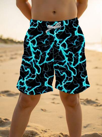 Tween Boy Casual Loose Printed Beach Pants, Suitable For Summer, Beach, Outdoor, Swimming, Classic Lightning Graphic Print, Suitable For Surfing, Vacation, Swimming