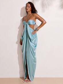 SHEIN BAE 女士优雅浪漫度假沙滩露背吊带缎面连衣裙，适合沙滩度假、聚会、派对、约会、婚礼等场合。 - 藍色 - 查看 6