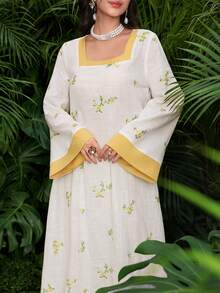 Yasmyna Square Neck Yellow Contrast Embroidered Traditional Arabic Long Robe - Multicolor - View 3