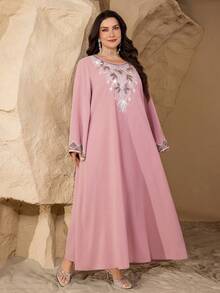 SHEIN Najma Plus Size Middle Eastern Style Simple Elegant Arabic Dress For Women - Pink - View 7
