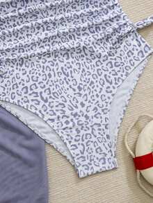 SHEIN Tween-Mädchen Badeanzug mit Leoparden-Muster und Raffung, ärmelloser Sommer Lässig Bademode - Mauve - Übersicht 5