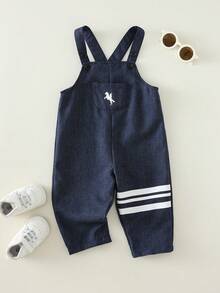 SHEIN Bộ quần yếm màu xanh hải quân dáng rộng, dễ thương cho bé trai và bé gái, thích hợp mặc vào mùa xuân/hè. - Màu xanh hải quân - Xem 5