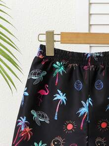 SHEIN Young Boy Tropical Print Drawstring Waist Beach Shorts, Summer - Black - View 6