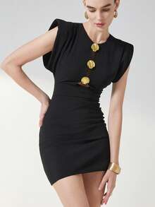 Aveloria Modichic Women's Elegant Summer Black Gold Hollow-Out Front Dress,Short Sleeve Exaggerated Shoulder Gold Shell Decor, Night Out Bodycon Party Mini Dress - Black - View 4