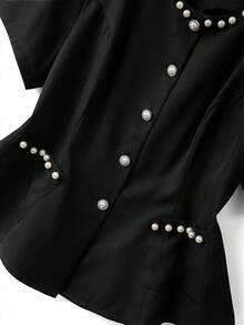 GlowEve CURVE Conjunto de 2 piezas para mujer talla grande, top de cuello redondo con bolsillo y pantalón recto de pierna larga de unicolor con tachuelas, adecuado para negocios, viajes y reuniones - Negro - Ver 5