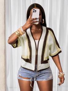 BamGleam Women's Cardigan,V-Neck,Knitted,Short-Sleeved,Khaki-Brown Color-Blocked Striped Openwork,Casual,Boho,White And Brown,Autumn,Vacation,Holiday,Parties - Coffee Brown - View 4