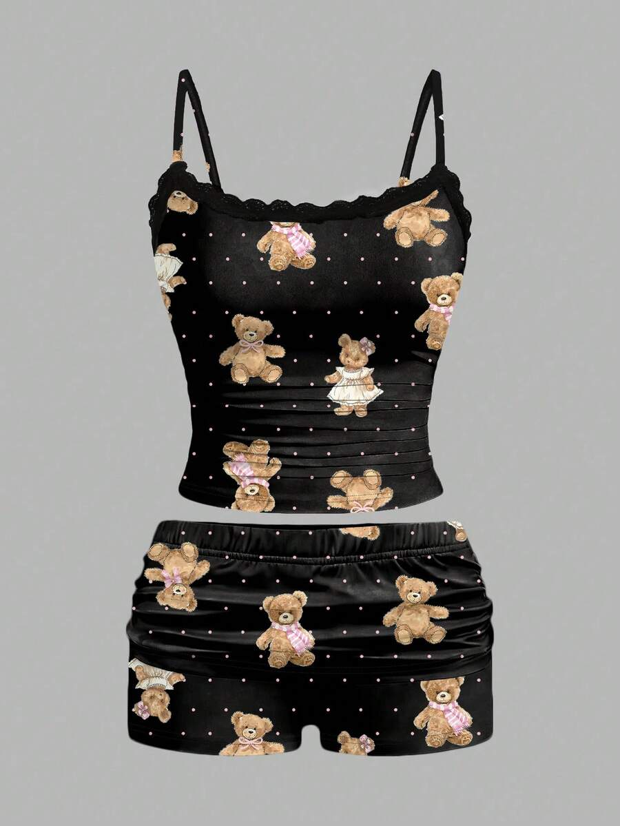 SHEIN Essnce Set 2 Potong Atasan Camisole Renda dan Celana Pendek Lipit untuk Wanita, Cocok untuk Musim Panas - Hitam - View 1