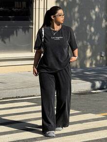 SHEIN EZwear Bộ áo thun tay ngắn in hình bông tuyết đen và quần dài cỡ lớn - màu đen - Xem 3